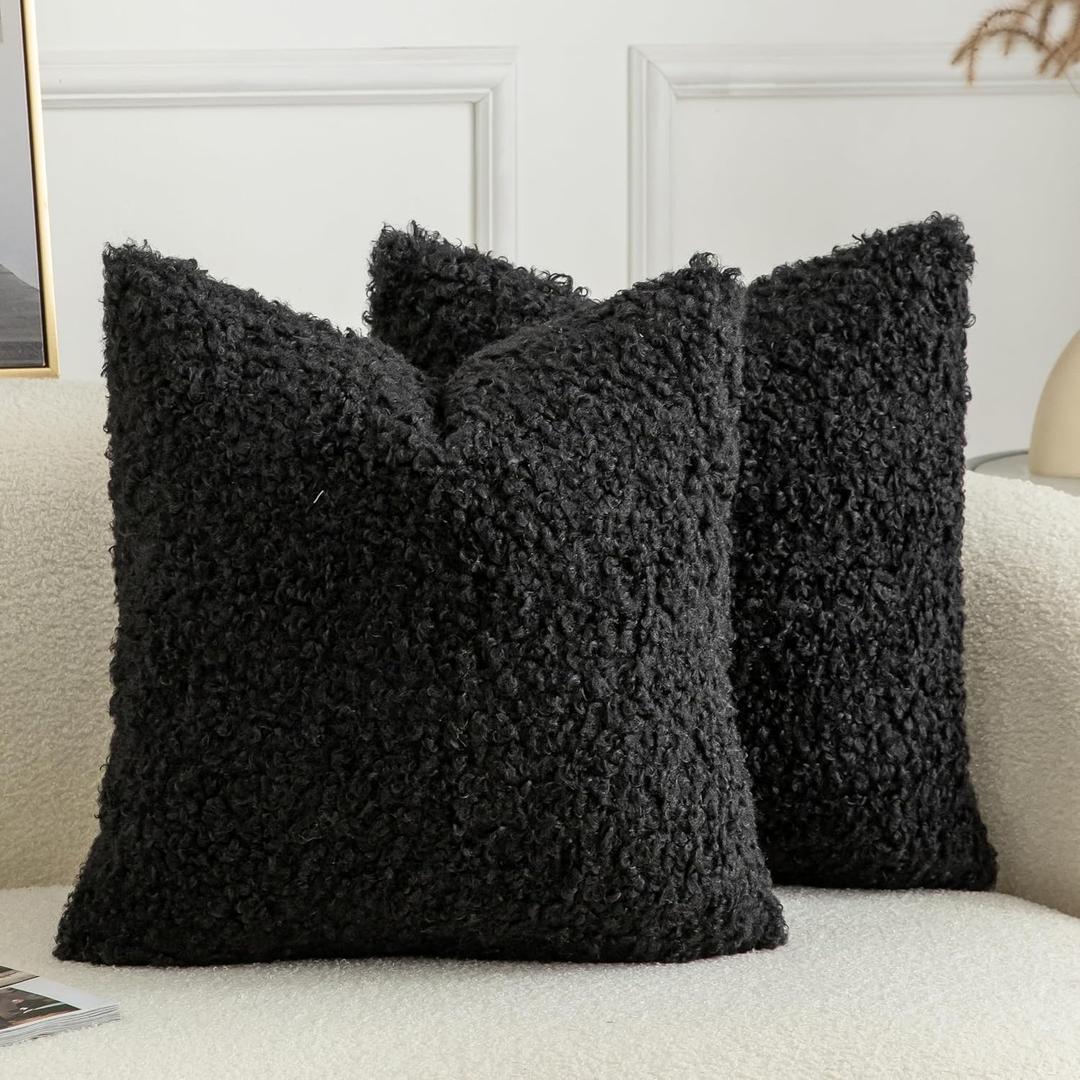 Pack of 2 Curly Teddy Wool Faux Fur Throw Pillow Covers Fuzzy Accent Soft Sherpa Pillowcases Sheepskin Fleece Decorative Cushion Case for Sofa Couch Living Room 16x16 Inch Black