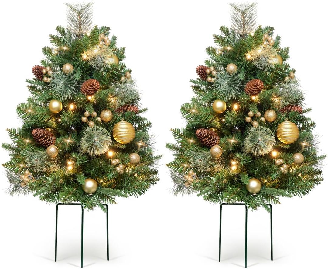Somikis 30 Inch Outdoor Christmas Tree Set of 2, Battery Operated Pre-Lit Artificial Small Xmas Tree, w/LED Lights and Realistic Carolina Pine for Pathway, Porch, Driveway, Yard