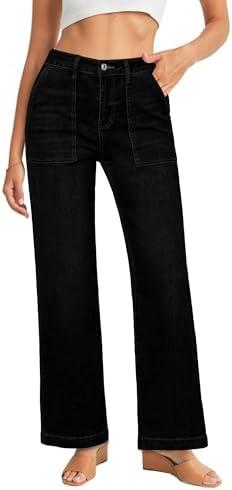 GRAPENT Jeans for Women High Waisted Straight Leg Jeans Stretchy Trendy Wide Leg Denim Pants Jean Trousers Patch Pockets ,Size Large