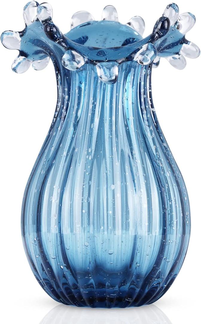 Hand Blown Glass vase, Unique Blue Glass vase, Modern Art Decor, Suitable for Living Room Coffee Tables, Wedding centerpieces, Dining Tables, and Office Centerpiece Floral Arrangements