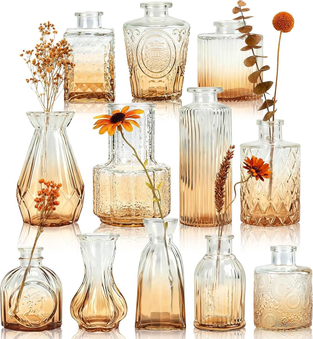 Der Rose Amber Glass Bud Vases Set of 12, Small Bud Vases for Flowers, Rustic Wedding Centerpieces and Home Decor