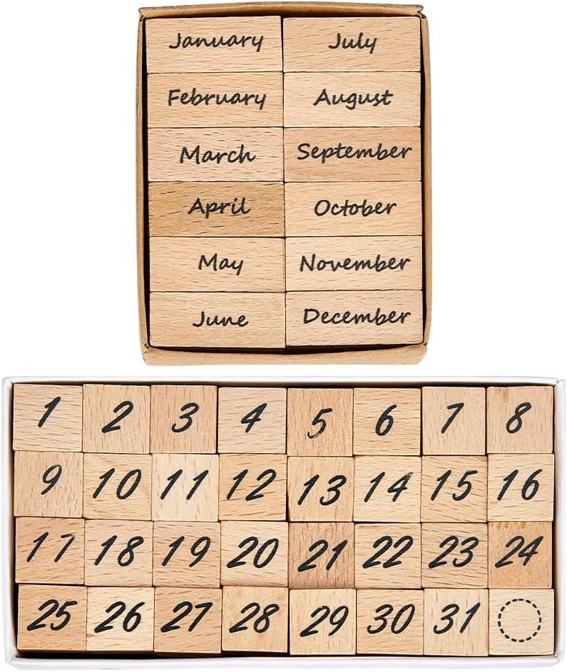 PH PandaHall 44Pcs Month Wooden Rubber Stamps Set 0~31 Numbers Decorative Retro Stamp Set for Journaling DIY Craft Letters Diary Birthday Card Arts and Scrapbooking Party Gift Decor
