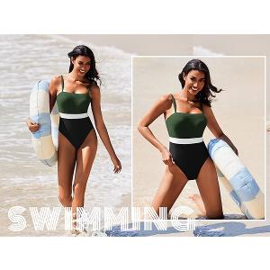 AI'MAGE Women's One Piece Swimsuit Color Block Bathing Suit Square Neck Swim Suits Vintage Retro Swimwear L