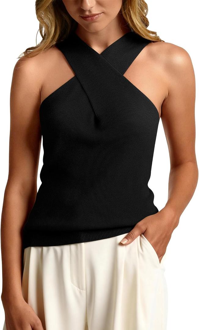 MOHHOM Women's Halter Neck Crossover Sleeveless Ribbed Knit Tank Top Slim Fit Casual Summer Basic Top (Medium, Black)