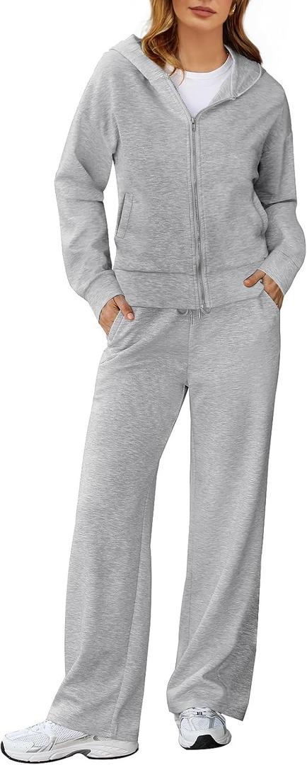 MEROKEETY Women's 2 Piece Outfit Hoodie Sweatsuit Sets Fall Zip up Lounge Sweatpants Tracksuit (Medium, Heathergrey)