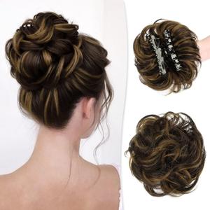 RUWISS Claw Clip Messy Bun Hair Piece Real Human Hair Buns Wavy Curly Chignon Hair Bun Extensions Tousled Updo Hair Buns Claw Clip Ponytail Hairpieces (Dark Brown with Golden Blonde) (40g)