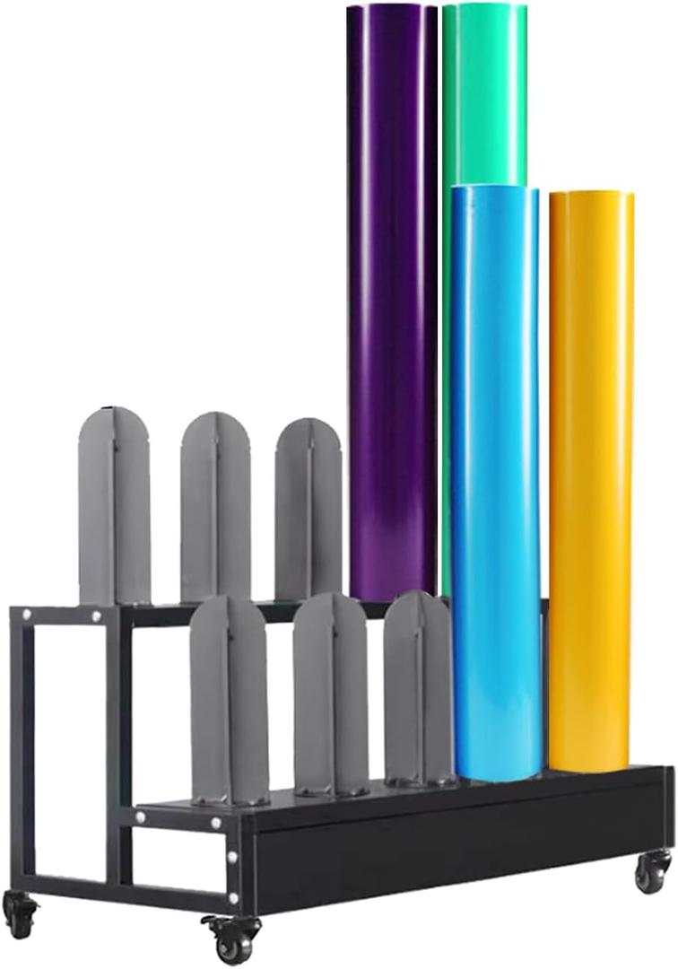 Vinyl Car Wrap Film Display Rack, 10 Rolls Vinyl Roll Holder Commercial Textile Fabric Roll Holder with Wheels, Heavy Duty Car Color Change Film Organizer Stand for Wallpaper Leather PVC Window Film, 2tier