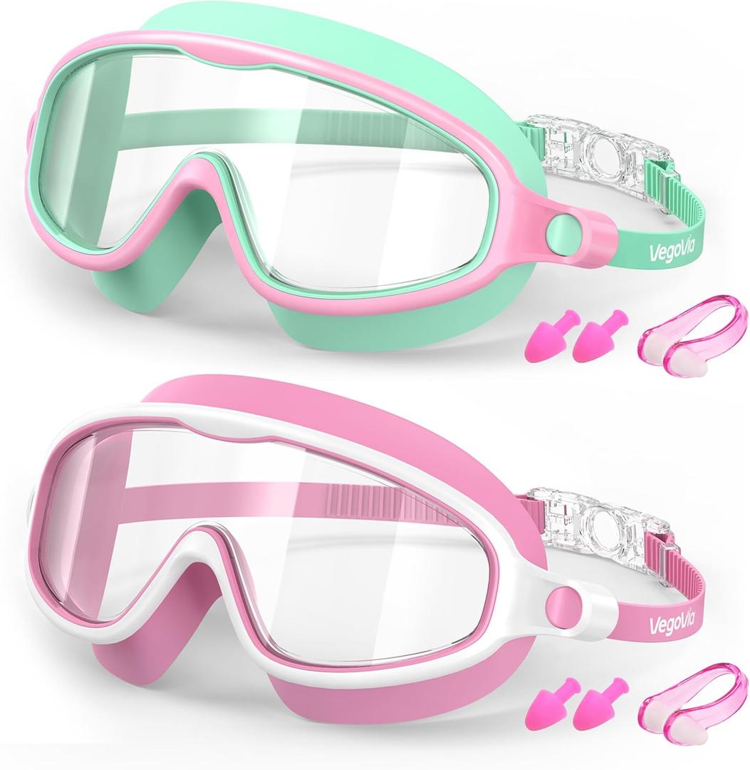VegoVia Kids Swim Goggles 2 Pack, Anti-Fog UV Protection Wide View Swimming Goggles for kids 3-15 Youth Boys Girls Toddler (Lightgreen/Clear & Pink/Clear)