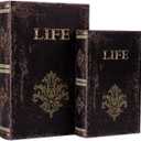 SICOHOME Decorative Book Box Set of 2 Wood Faux Book Box with Faux Leather Detailing Trinket Keepsake Vintage Wooden Treasure Chest for Women Kids Gifts Home Decor Christmas Ornament Storage