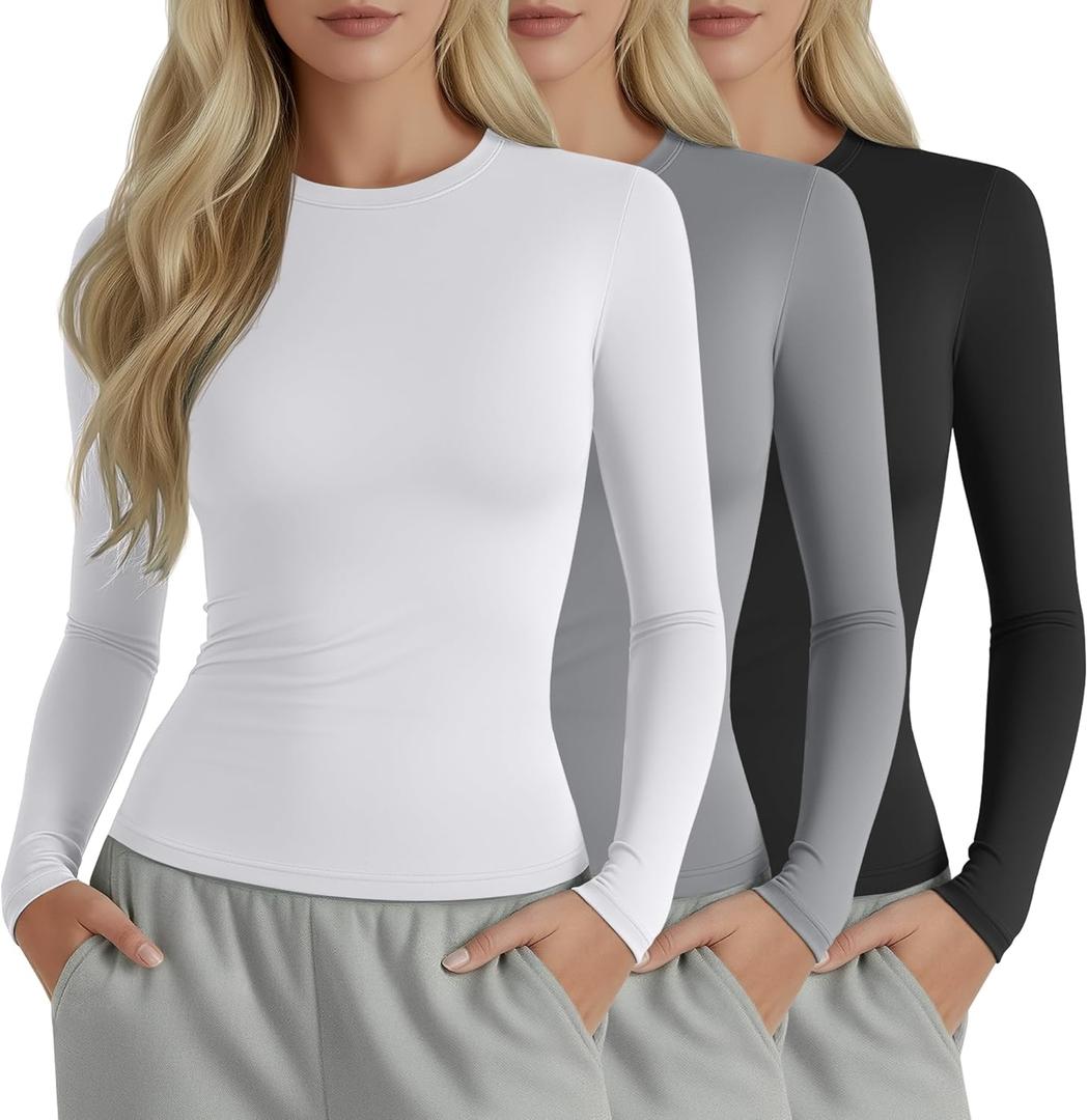 3 Pack Womens Compression Shirts Long Sleeve Crew Neck Tops Slim Fit Undershirts Workout Yoga Athletic (S)