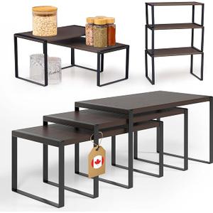 Ibyx Premium Kitchen Cabinet Organizer Shelf - Set of 3 Kitchen Counter Shelves - Stackable Shelf Racks for Cabinets - Metal Frame & Engineered Wood,  Black 