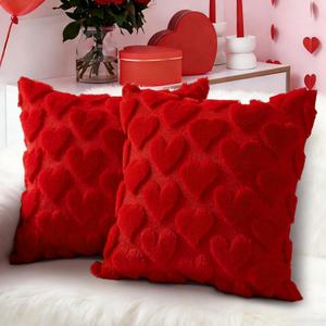 Valentines Day Decorations Pillow Covers - 18x18 inch Set of 2 Heart Shaped Pattern Faux Fur Soft Plush Throw Pillows Case for Indoor Outdoor Sofa Bedroom Living Room Festivals Anniversary Home Decor (Red)