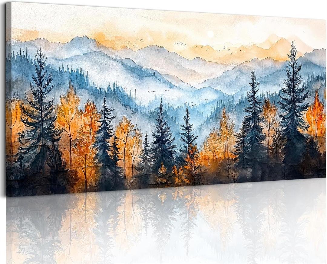 crmotu Landscape Wall Art, Mountain Wall Decor, Oversized Wall Art, Autumn Forest Scenic Watercolor Painting, Modern Pictures Wall Decor Living Room Bedroom Dining Room office Art Prints 30"X60"