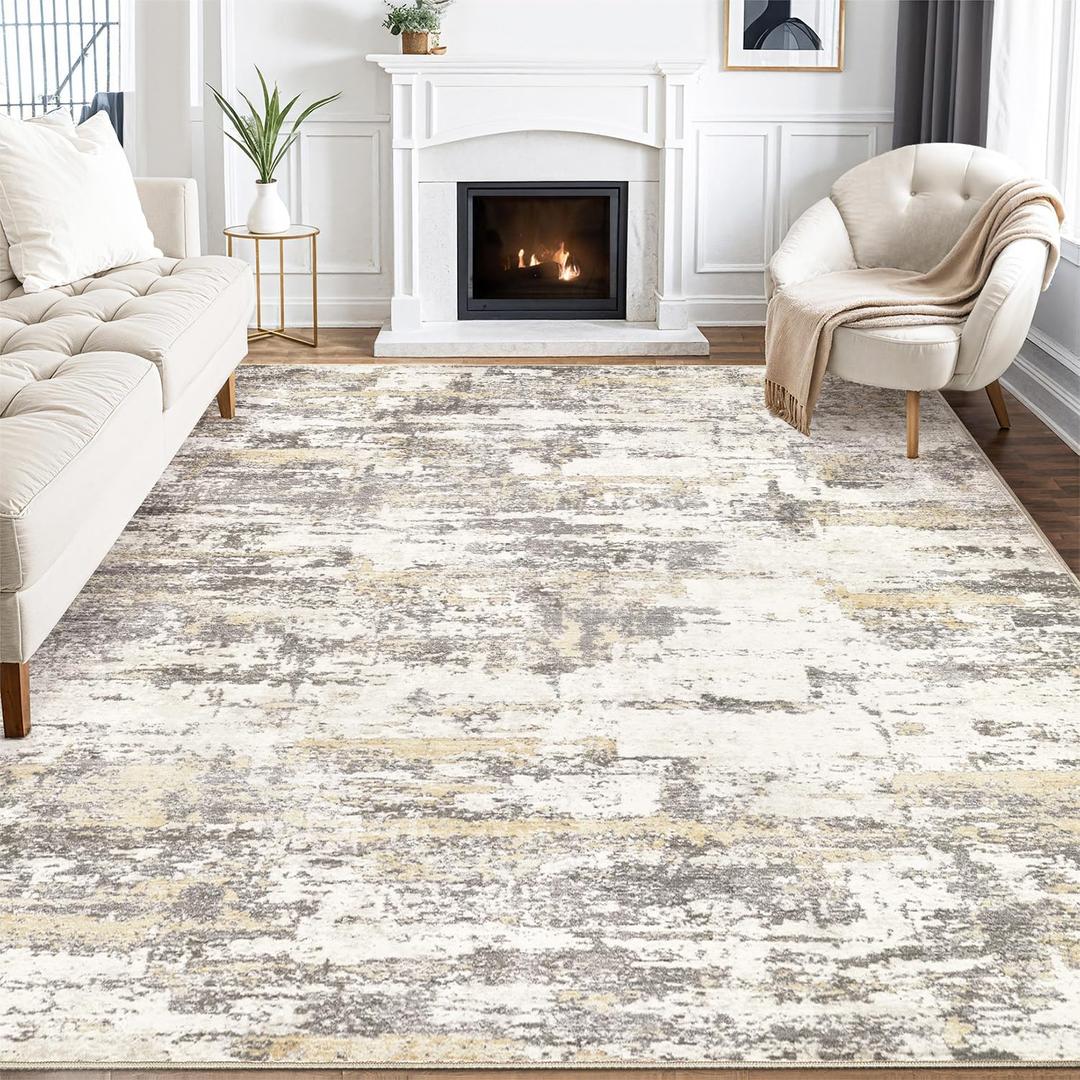 Area Rugs for Living Room: 8x10 Abstract Washable Rug Modern Neutral Large Soft Stain Resistant Non-Slip Backing Machine Table for Bedroom Dining Room Indoor Home Office Carpet - Gold Brown (8ft x 10ft Large)