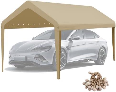 GOTRUTH 10x20 Canopy Replacement Cover, Carport Replacement Canopy Top Cover for 10' x 20' Frame, 800D Heavy Duty Waterproof & UV Protected Car Canopy with Ball Bungees, Beige (Frame is not Included)