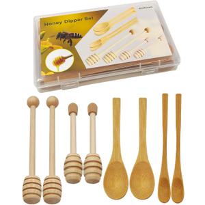 Wooden Honey Dipper Sticks and Spoon - 8Pcs Wooden Spoon for Honey Sticks Spreading & Scooping Used in Kitchens and for Picnics Party