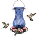 Nature's Way Hanging Glass Hummingbird Feeder for Outdoor Decor, 32 Ounce Capacity Nectar Feeder, 6 Easy to Clean Flexible Pink Ports, Blue