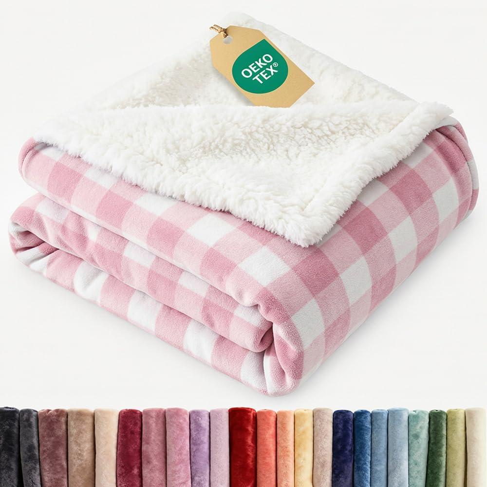 Sherpa Fleece Blanket Throw Size - Reversible Sherpa Fleece Throw Blanket - Super Soft Double Sided for Bed, Sofa, Couch - Thick, Warm, Plush - Luxurious Bedding for Winter - Pink Checkered, 50" x 60" (15 - Pink Plaid)