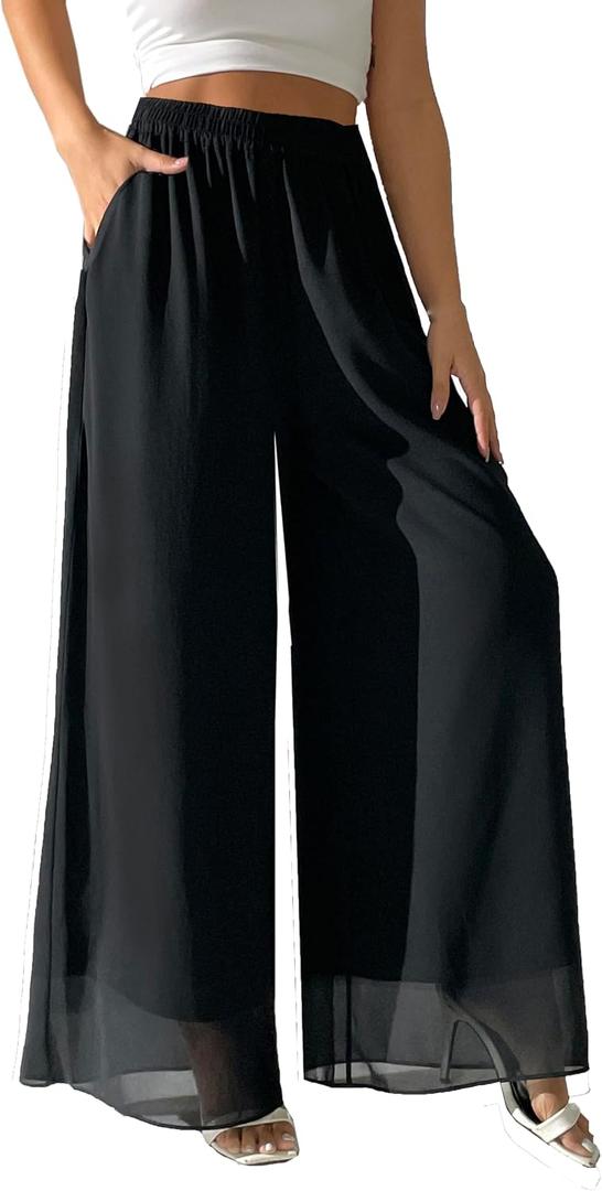 zsangbee Women's Wide Leg Palazzo Pants Chiffon Flowy Loose Party Wedding Dressy Casual Trousers, Small 