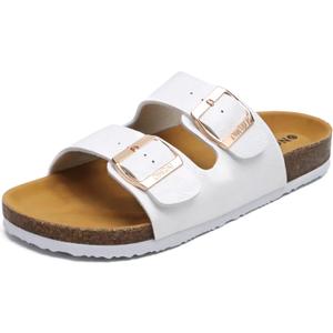 ONCAI Womens Flat Slide Sandals with Arch Support 2 Strap Adjustable Buckle Slip on Slides Shoes Non Slip Rubber Sole (8, White Floral)