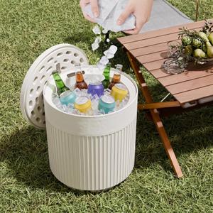 Outdoor Cooler Side Table, 2 in 1 Ice Chest Cooler Table All Weather Resistant | Dense Fluted Cooler Side Table with Hangable Lid for Patio Decor, Deck, BBQ, Beach | White, 14.76" L x 14.76" W x 16.65" H