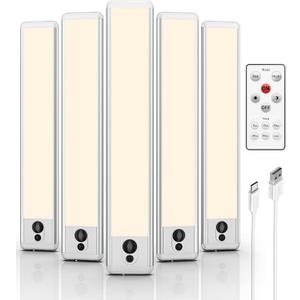 EZVALO 5 Pack Under Cabinet Lighting, Rechargeable Motion Sensor Light, LED Closet Lights Wireless, 3500K Dimmable, Timer, Magnetic, with Remote Control for Kitchen, Closet, Stair (Warm White)