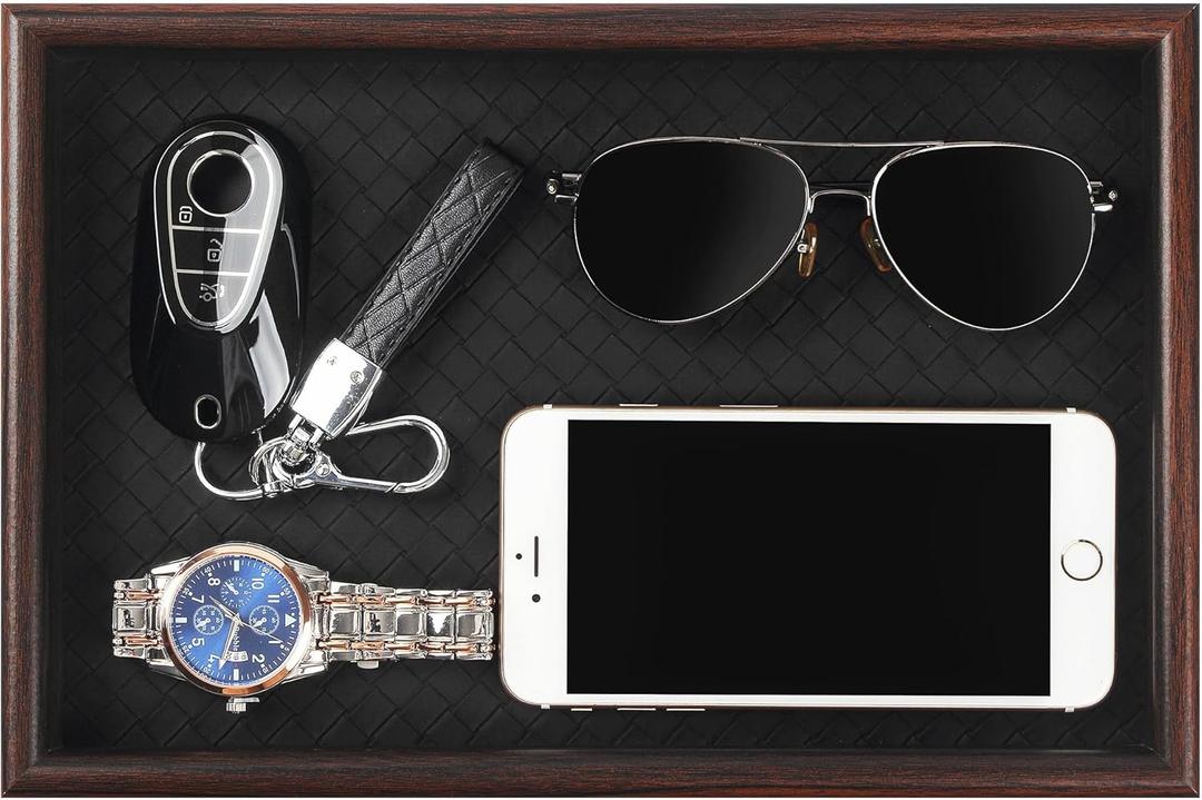 Wooden Valet Tray with Leather Base - Nightstand Catchall Organizer for Cologne, Perfume, Keys, Wallet, Phone, Watch, Jewelry & Sunglasses (Black)