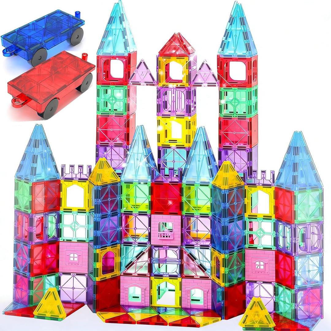 Upgraded Antibacterial Magnetic Tiles - 106 PCS Magnet Building Tiles with 2 Cars for Kids, Inhibits Bacterial Growth for Safe Play, 3D STEM Educational Construction Blocks & Xmas Gift