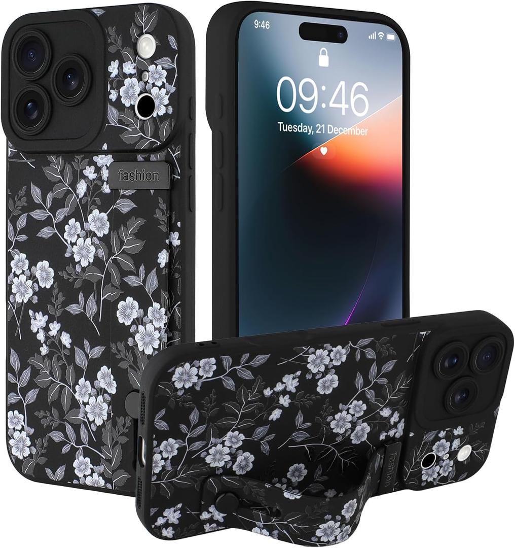 Compatible with iPhone 17 Pro Max Case for Women Men, White Flower | Floral Pattern, Built in Adjustable Metal Wrist Strap Grip Hand Holder Kickstand Soft Silicone Cover 6.9 Inch, Black