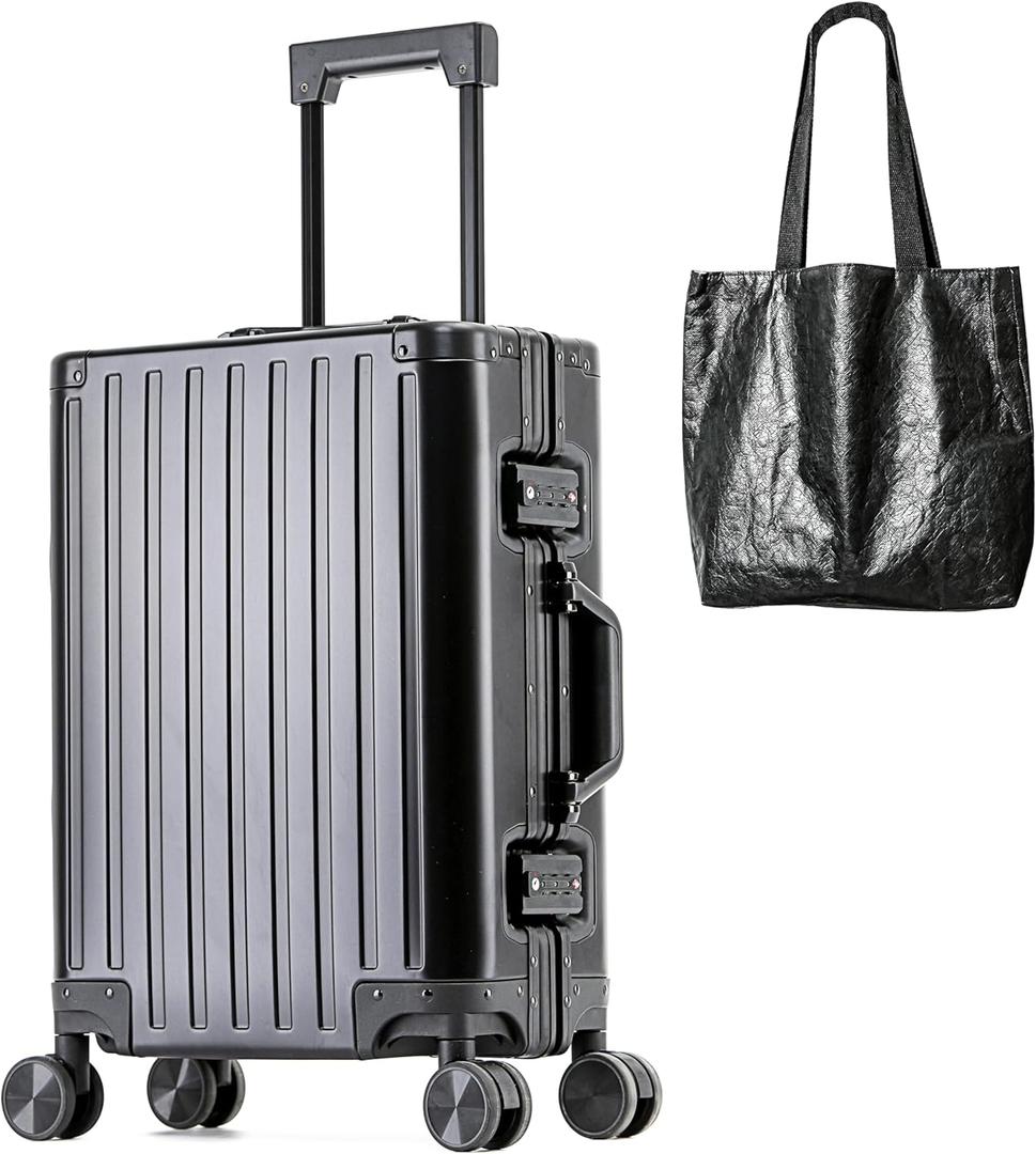 All Aluminum Carry On Luggage 22x14x9 Airline Approved Hard Shell Carry On Luggage Zipperless Luggage Metal 20inch Suitcase Luggage, Black