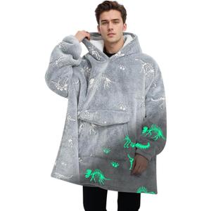 Wearable Blanket Hoodie for Adult,Oversized Sherpa Fleece Blanket Hoodie for Women Men,Glow in The Dark Dinosaur Fossil