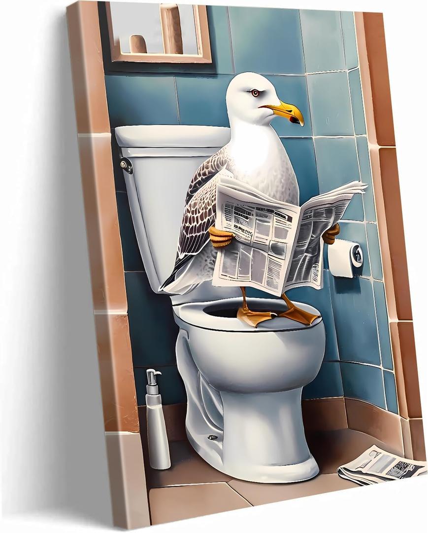 BUBCWY Sea Gull Bathroom Wall Art,Sea Gull Canvas Wall Art,Funny Bathroom Animal Pictures Bathroom Bedroom Living Room Office Decor(12"x16"Framed)