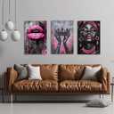PBXBJY African American Wall Art African Girl Canvas Prints 3 PCS Black Queen with Pink Crown Lips Painting Black Woman Picture Framed Home Office Decor (16.00" x 24.00" x 3PCS)