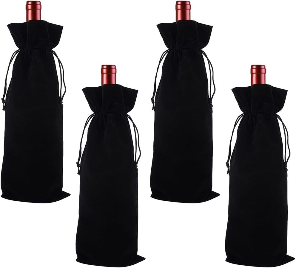 Beebeecraft 4Pcs 14.8x6 Inch Velvet Wine Bags Drawstring Champagne Wine Gift Bags Black Reusable Congrats Drinking Bottle Wrapping Pouches for Birthday Dinner Wedding Party