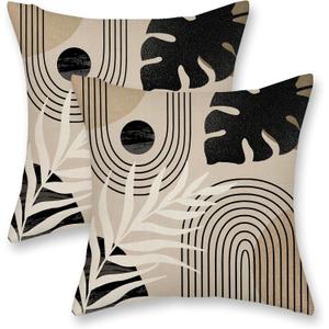 Black Boho Pillow Covers 16x16 Inch 2 Pcs Beige Brown Tropical Leaf Mid Century Summer Outdoor Decor Throw Pillows Modern Geometry Farmhouse Decoration Pillowcase Linen Cushion Cover for Couch