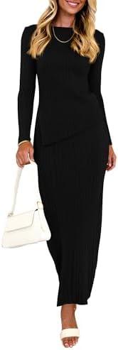 PRETTYGARDEN Women 2 Piece Outfits Long Sleeve Asymmetric, Slit Hem Tops Midi Bodycon Skirt Sets Lounge Knit Sweater Set Black M