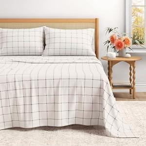 Great Bay Home Flannel Sheet Set California King Size - 100% Turkish Cotton, Double-Brushed, Printed Bed Sheets - Ultra-Soft, Cozy, 4-Piece Bedding Set (Windowpane - White/ Grey)