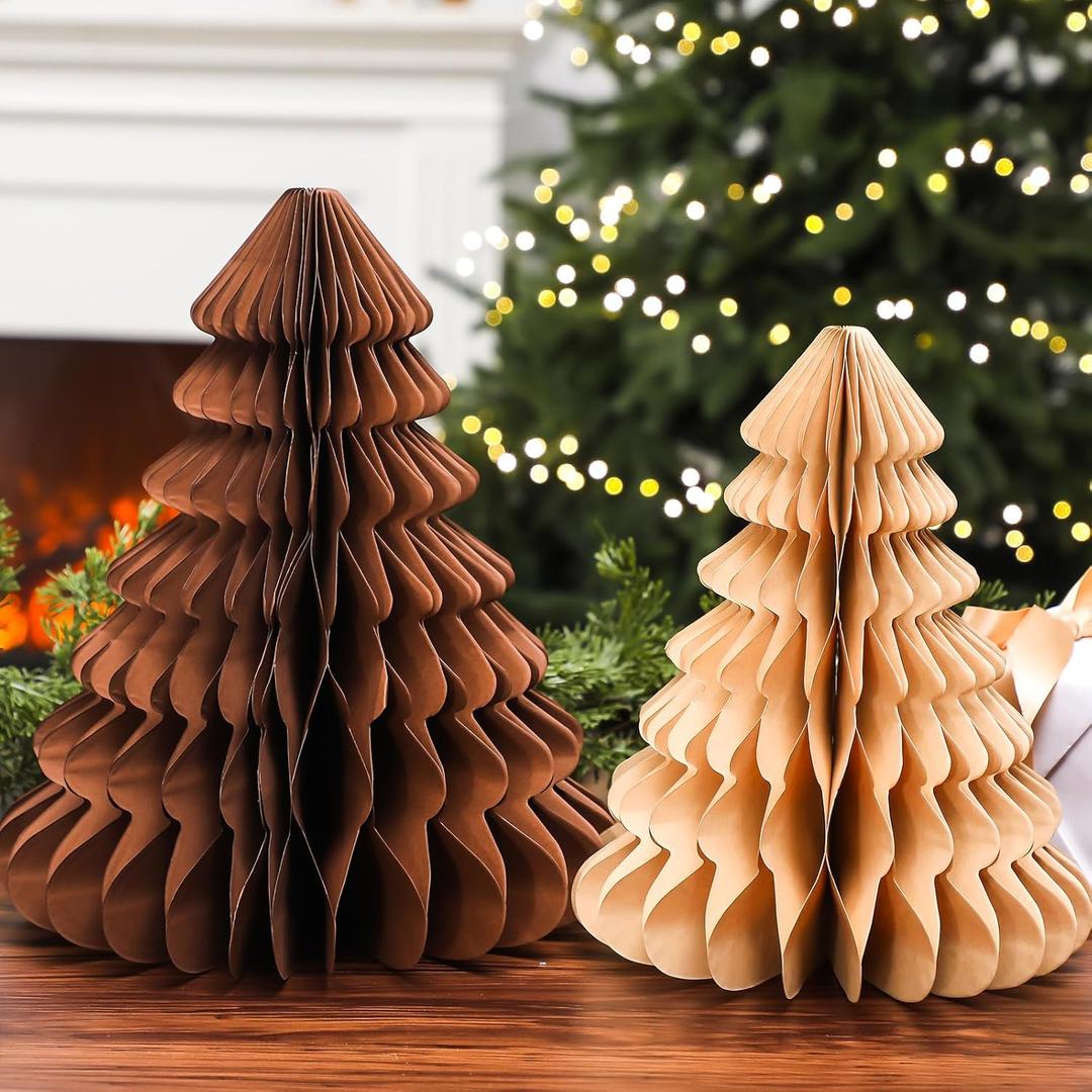 Spiareal 2 Pcs Brown Paper Christmas Trees 10, 12 Inch 3D Neutral Honeycomb Trees Table Centerpiece Paper Fold Out Tree Light Dark Brown for Modern Xmas Mantel Home Xmas Holiday Party Decor Supplies