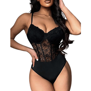 OYOANGLE Women's Floral Lace Mesh Corset Bodysuits Spaghetti Strap V Neck Bustier Cami Jumpsuits Tops 2XL