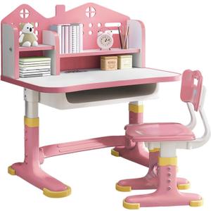 Kids Desk and Chair Set, Ergonomic Height Adjustable, Study Desk with Bookshelf, Book Stand, Metal Hook and Storage Drawer for Boys Girls,Student Writing Desks for 5-12 Years Pink1