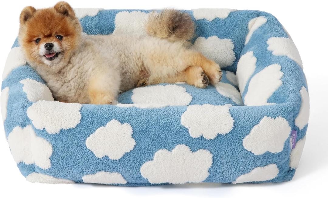 Lesure Cute Dog Bed for Small Dogs - Washable Puppy Beds,Cozy Rectangle Orthopedic Pet Sofa with Jacquard Shaggy Plush & Anti Slip Bottom,25x21x7inches (Cozy Clouds Blue)