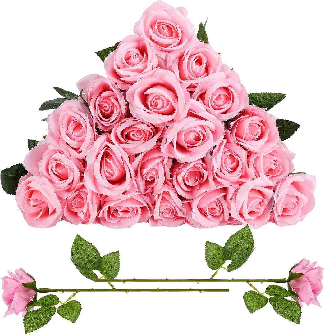24 Pcs Pink Rose Artificial Flowers with Long Stem Real Touch Silk Plastic Bouquet Pink Roses Bulk for Wedding Party Table Centerpieces Festival Decorations