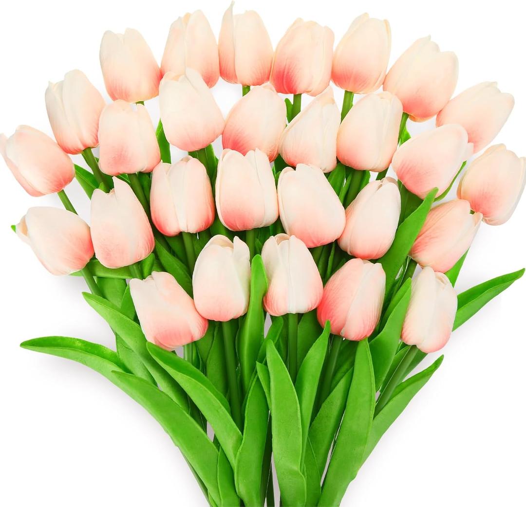 Lyrow 30 Pcs Tulips Artificial Bouquet Flowers Faux Tulips for Home Kitchen Wedding Decorations,Gift Idea for Easter Decor Mother's Day Birthdays(Pink)