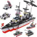 1296 Pieces City Police Set Aircraft Carrier Blocks Set, 6 in 1 Military Warship Battleship Building kit with Airplane, Boat, Cop Car, Tank, Creative Roleplay Ship Gift Toys for Kids Boys 6-12 Years