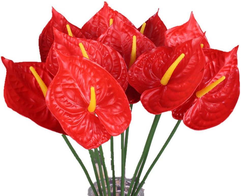 JOSON 8-Pack 27" Faux Anthurium Lilies Home Decor Bouquet and Green Leaves, Wedding Festive Decor Floral Arrangement (Red)