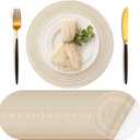 Geosar 100 Pcs Disposable Paper Placemats Cotton Woven Look 13'' Round Placemats Rustic Disposable Table Pads Bulk for Dining Table Decoration Birthday Wedding Bridal Baby Shower Party (Beige)