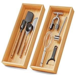 Bamboo Kitchen Drawer Organizer Boxes – 14" x 5" Stackable Wood Silverware Utensil Tray for Drawers Bins Cutlery & Flatware Storage – Wooden Pantry Organizers Set of 2 for Junk Drawer Bathroom Rv