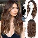Eawwii Brown Highlight Long Wavy Wig for Women, Pre-Cut HD Lace Natural Hairline, Glueless Middle Part, Synthetic Fiber for Daily and Party Use 20Inch, Brown Highlight