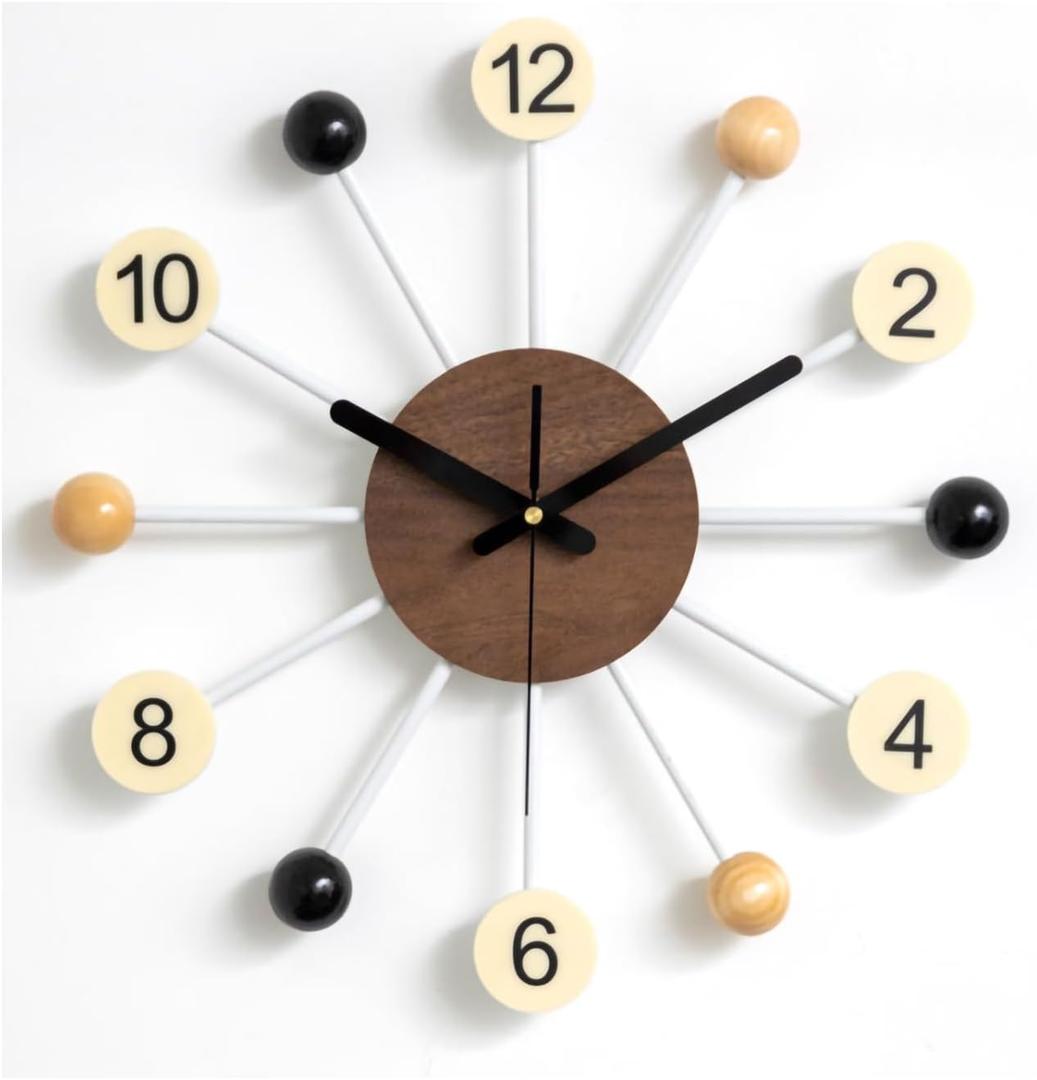 Big Wall Clock Mid Century Modern Silent Non Ticking 16 Inch Vintage Decorative Wood Ball Quartz Clocks for Living Room Office Kitchen, Large