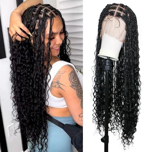 Janyuwool 36" Full Lace Boho Knotless Box Braided Wigs Full Double Lace Braid Wig Lace Front Braided Wigs for Black Women Human Hair Blended Lace Frontal Braids Wig with Boho Curls (Black)
